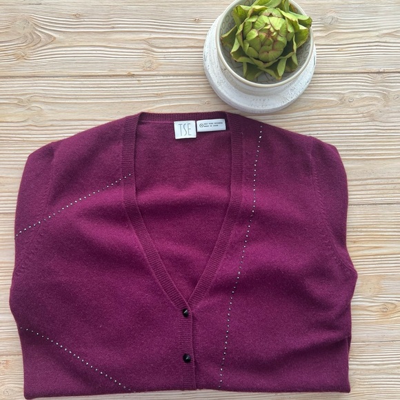 TSE Burgundy Cashmere Cardigan with Stud Detailing – Size Small - Picture 3 of 8